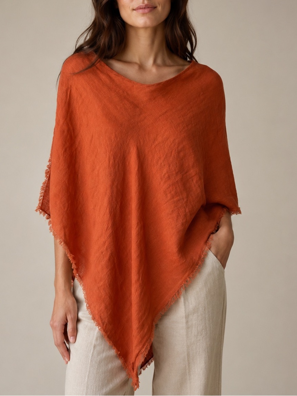 Crown Linen Designs 100% Linen Poncho Top One Size Rust Orange Boho Resort